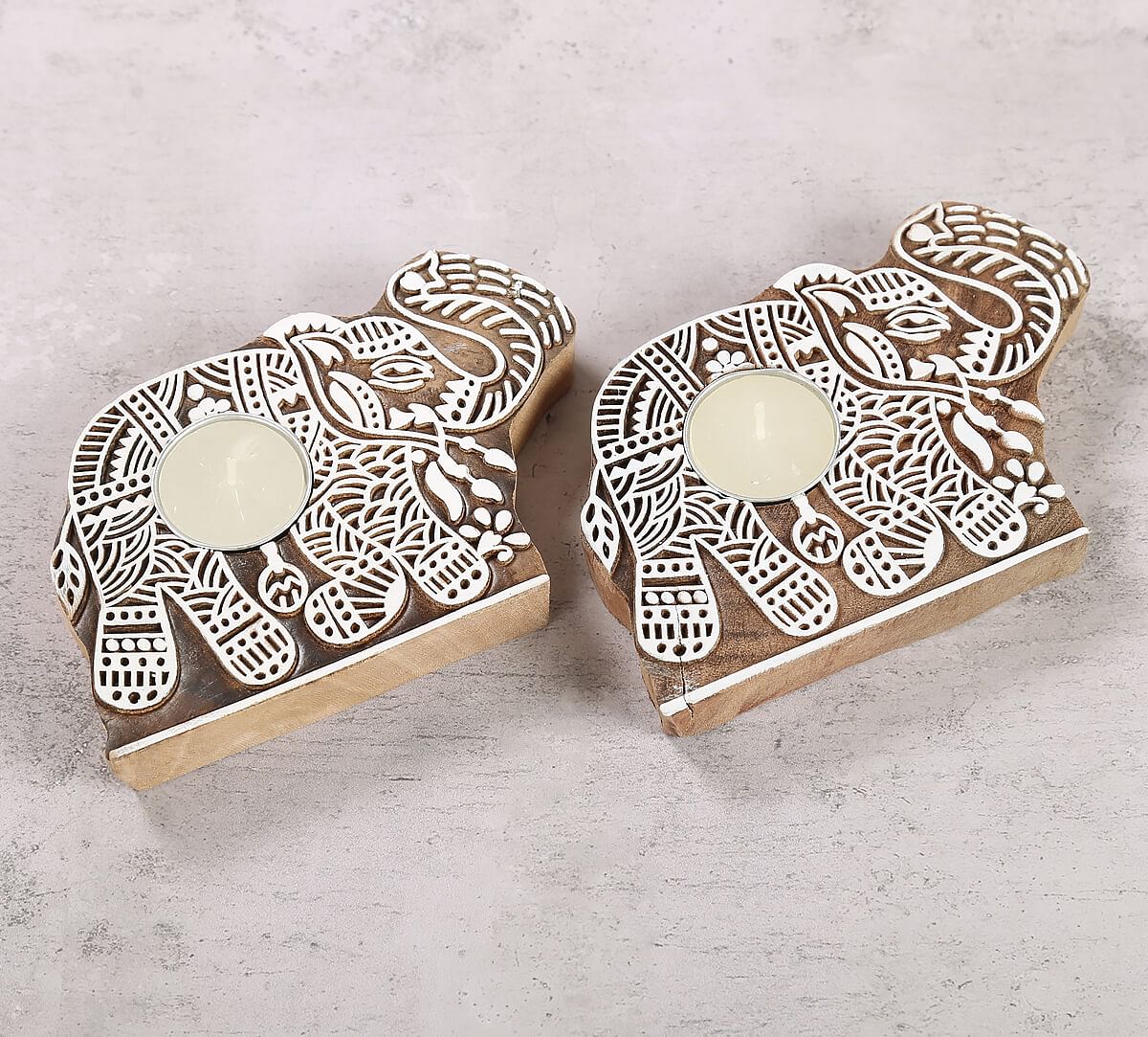 India Circus Tusker Shaped Wooden Engraved Tea Light Holder Set of 2