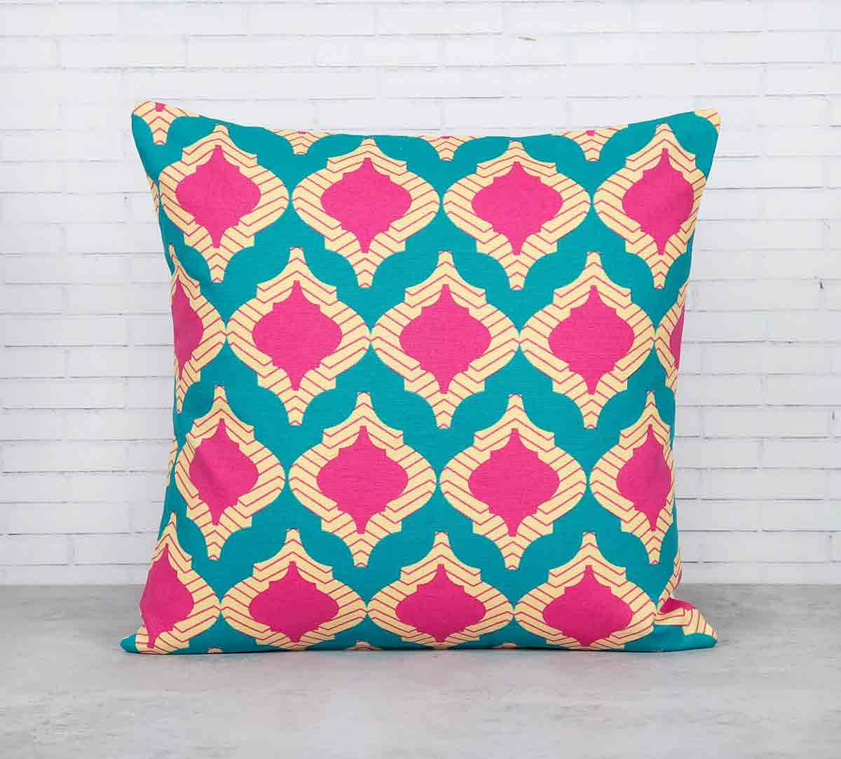 India Circus Lattice Practice Turquoise Blue Cotton Cushion Cover