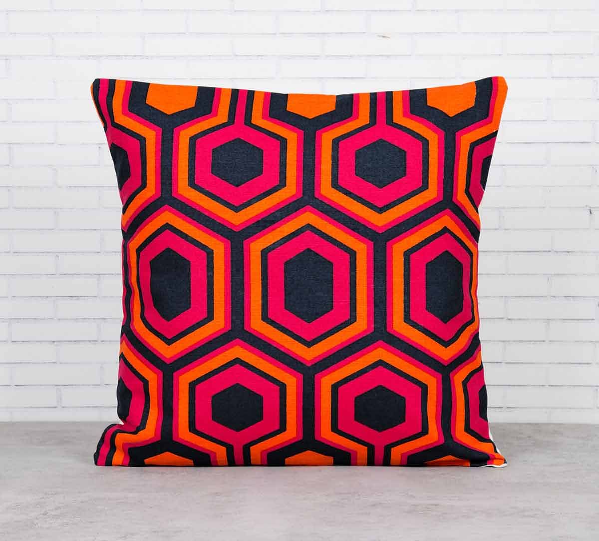 India Circus Prismatic Hexagons Crimson Cotton Cushion Cover