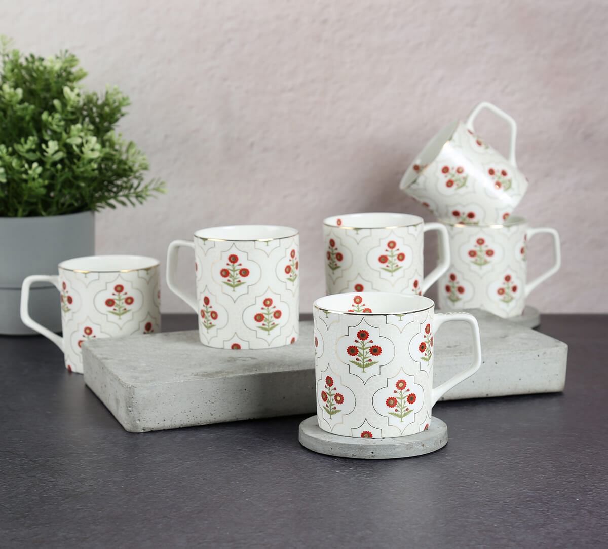 India Circus by Krsnaa Mehta Grey Poppy Flower Mug Set of 6