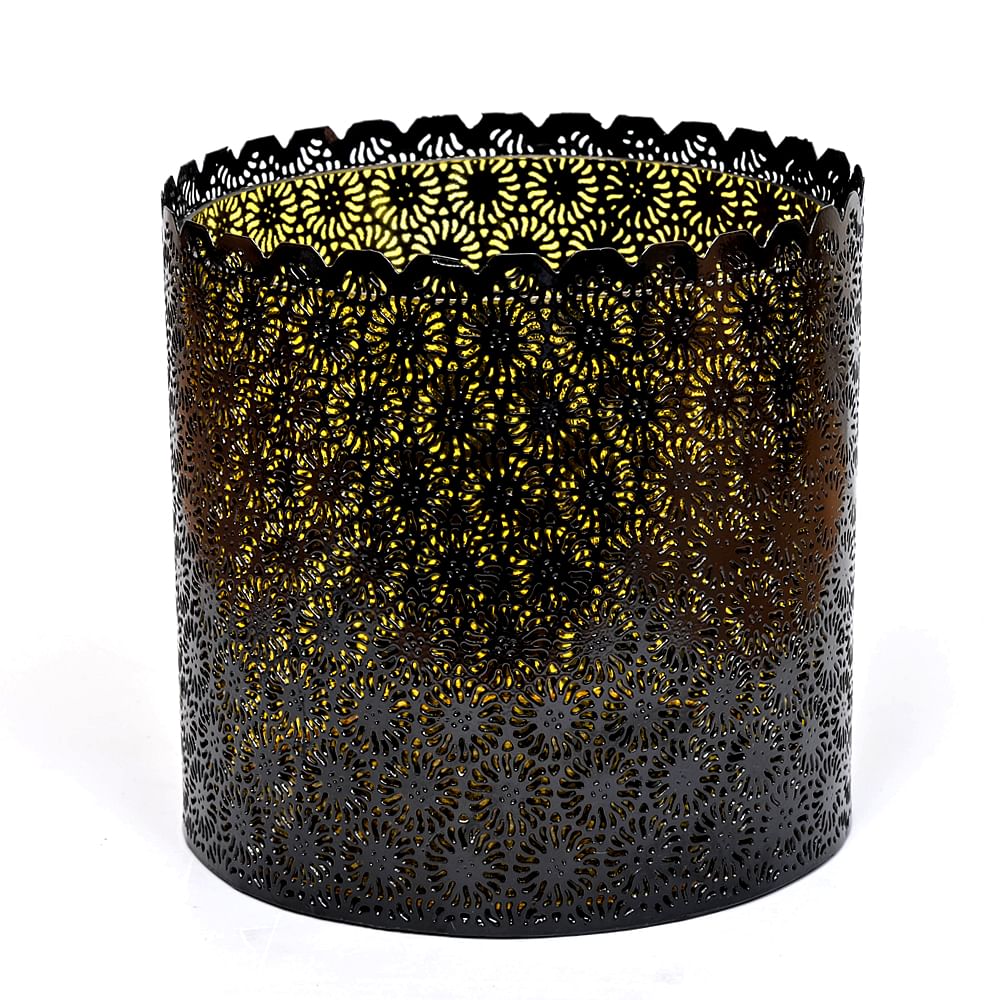  Amber Glass and Scalloped Black Iron Lattice Hurricane
