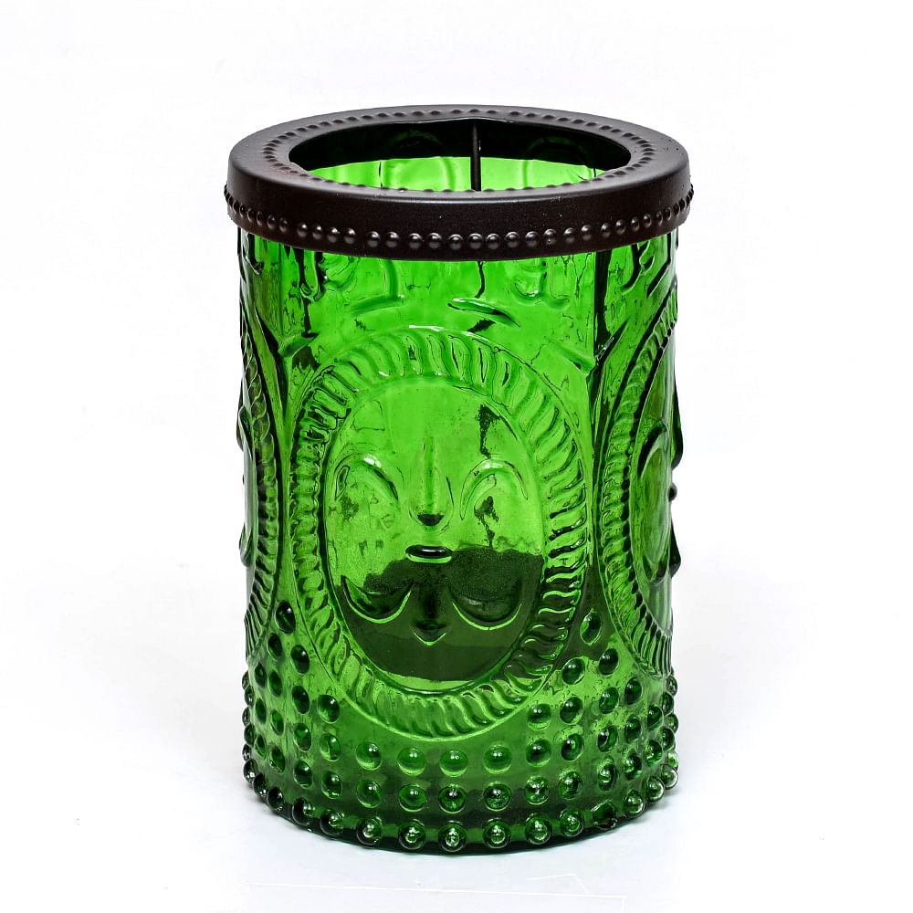  Embossed Light Green Glass Hurricane, with Black Iron Rim