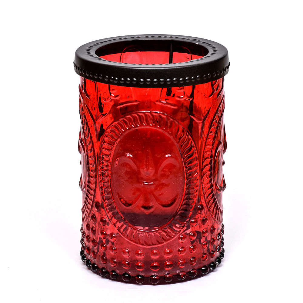  Embossed Red Glass Hurricane, with Black Iron Rim