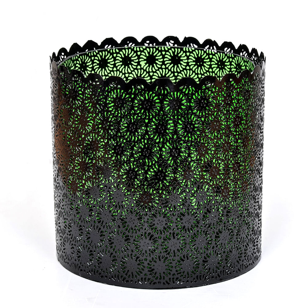  Light Green Glass and Scalloped Black Iron Lattice Hurricane