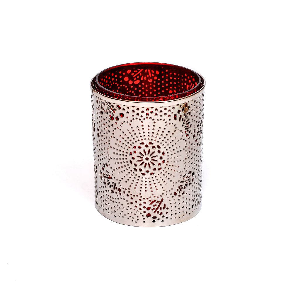 Silver Lattice work Candle Votive-Red
