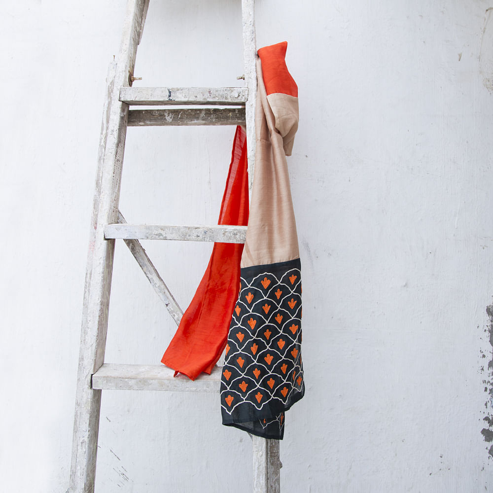 Orange Beige Embroidered Silk Stole