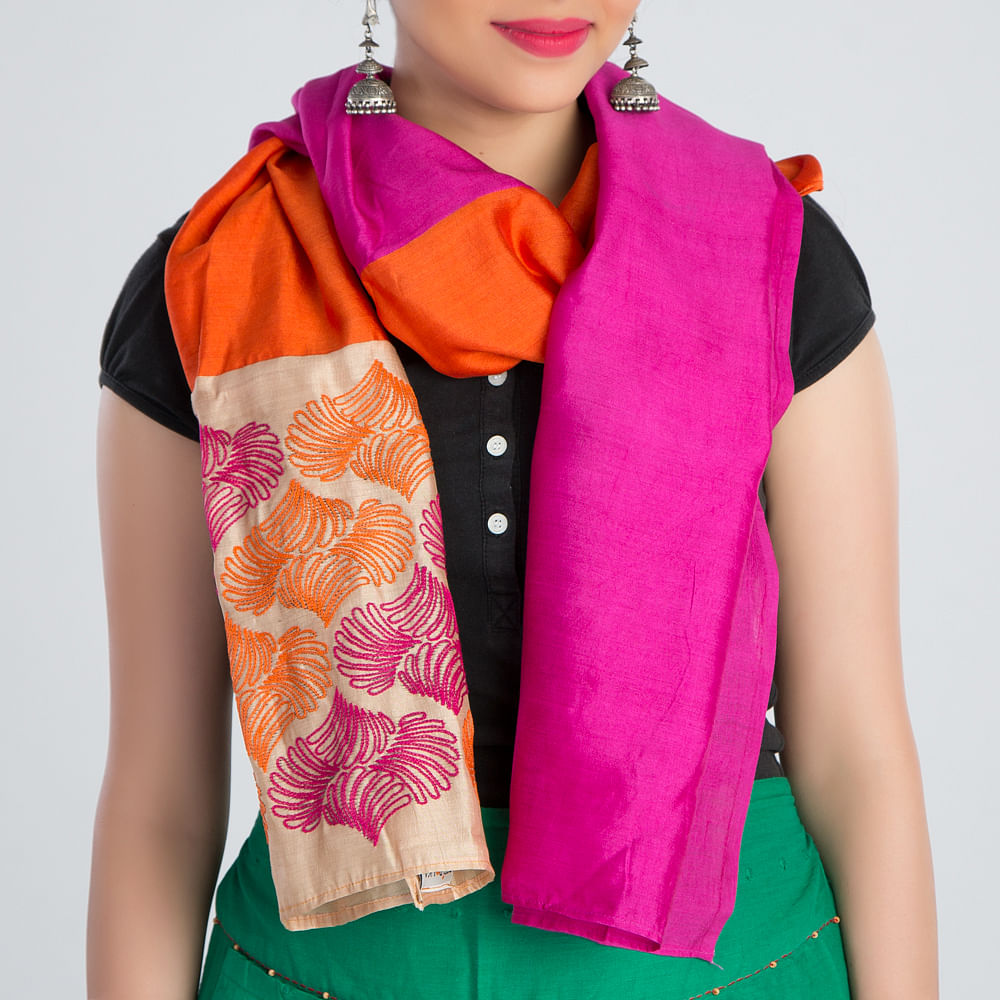 Orange Pink Embroidered Silk Stole
