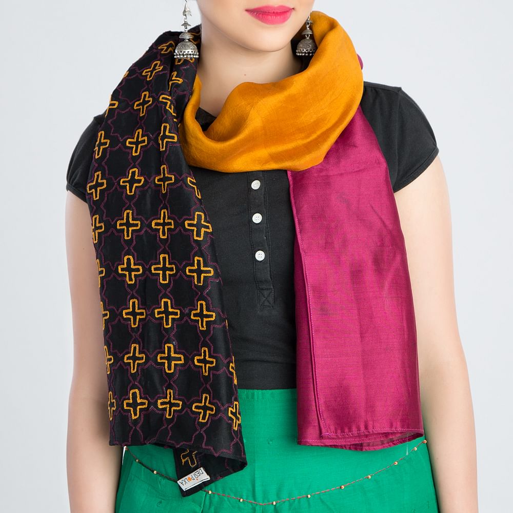 Pink Yellow Embroidered Silk Stole