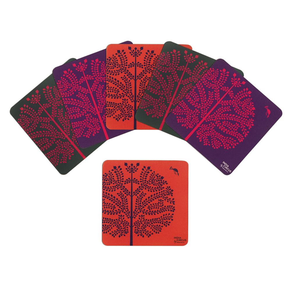 Purple Tree Warli Rubber Coasters - (Set of 6)