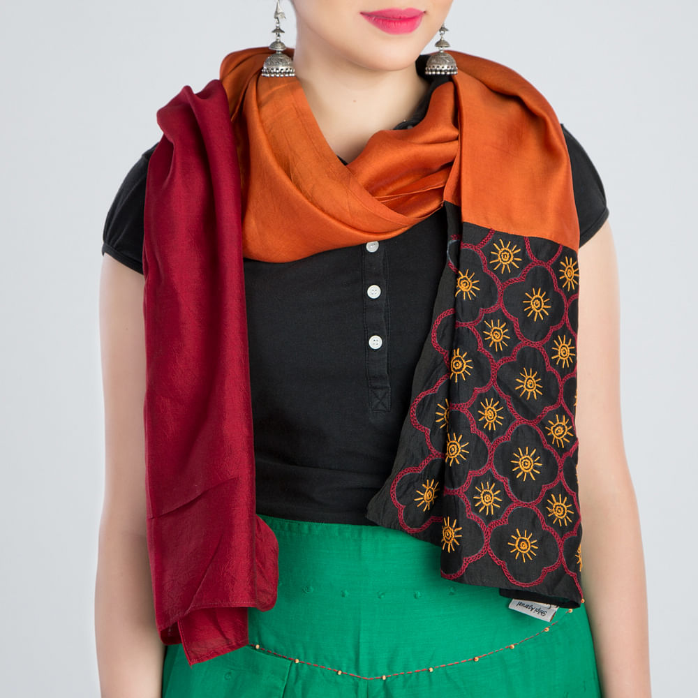 Red Orange Embroidered Silk Stole